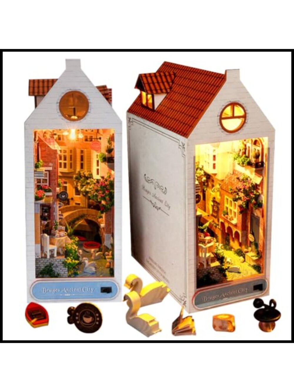DIY Miniature House Book Nook Kit LED Wooden Bookend Diorama